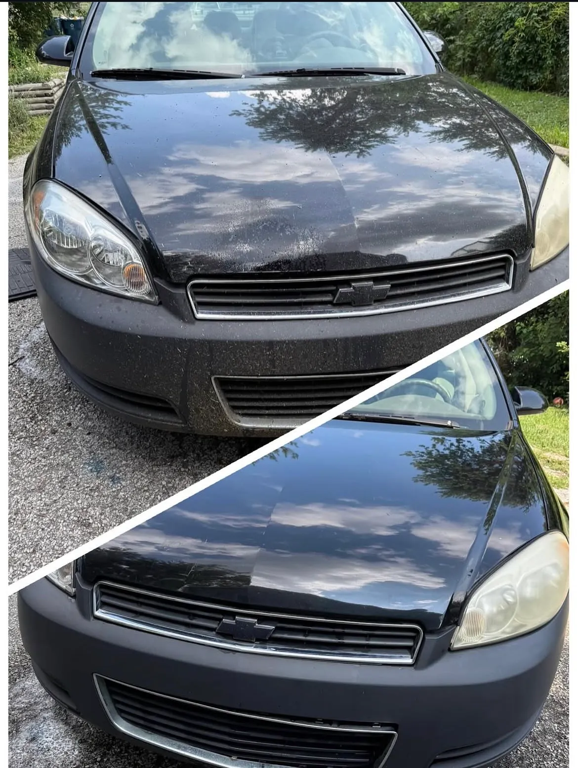 Black Chevrolet Impala hood shown before and after detailing, the dull, dust-spotted finish above replaced below by a mirror gloss reflecting trees and cloud.