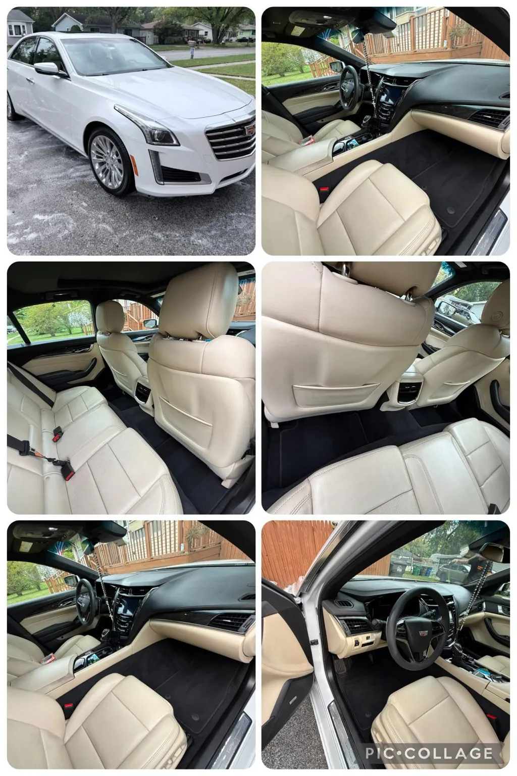 Six photographs of a white Cadillac CTS after detailing, showing the washed exterior on a driveway and its cream leather interior — dashboard, front seats, rear bench and door trim all cleaned.