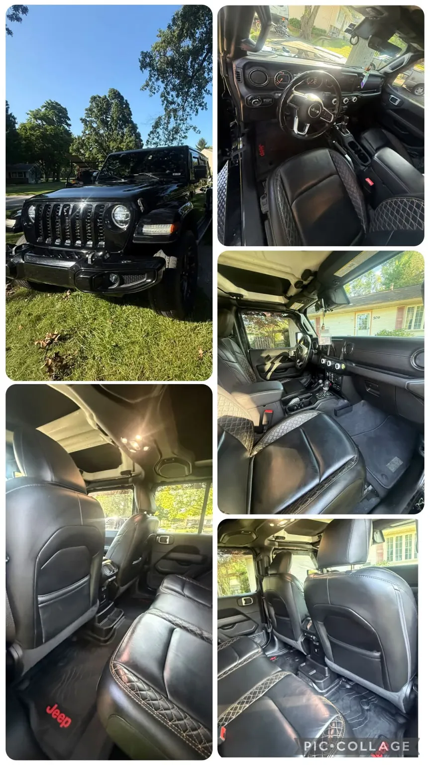 Five photographs of a black Jeep Wrangler after detailing: the exterior parked on grass, the dashboard and steering wheel, the center console, the front seats and Jeep-branded mat, and the cleaned rear bench.