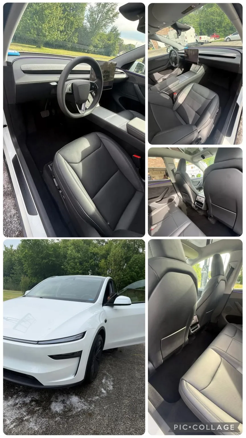 Five photographs of a white Tesla Model Y after detailing: the driver seat and center screen, the dashboard, the front seats, the washed exterior on a driveway, and the cleaned rear bench.